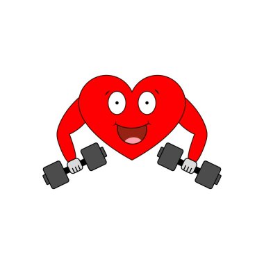 Dambılı güçlü bir kalp. Vektör karikatür karakteri ağırlık çalışması yapıyor.