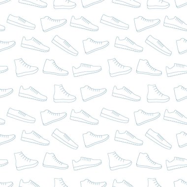 Sneakers ayakkabı vektör arkaplan tekrarlayan desen. Erkekler ve kadınlar spor ayakkabıları. İnce çizgi tarzı. Düzenlenebilir şablon.