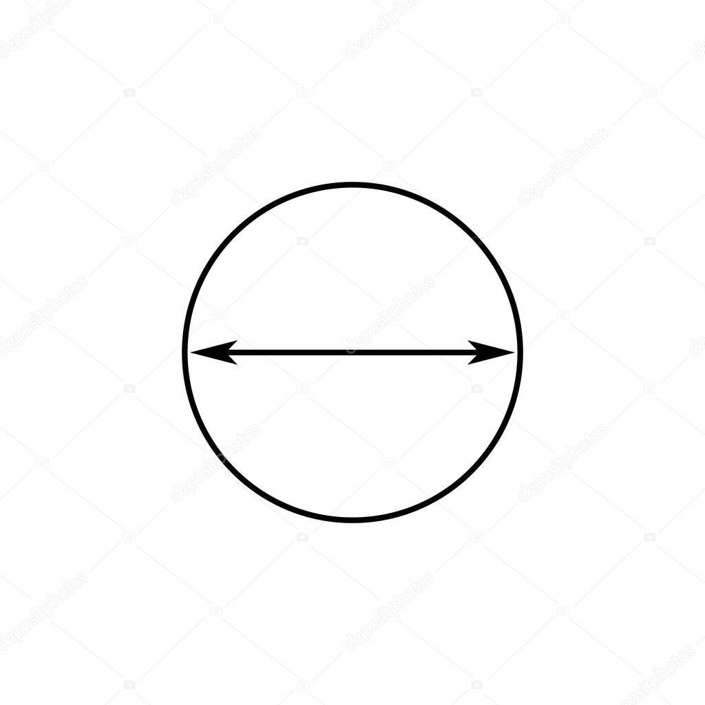 Circle with arrow inside. Vector drawing round shape with size and diameter. Icon on white background. 