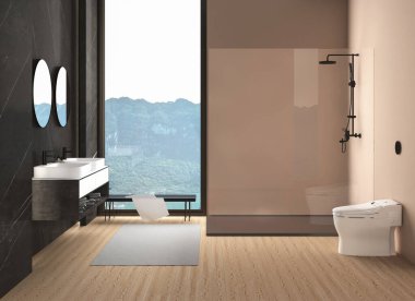 Modern minimalist banyo içi, modern banyo dolabı. 3d oluşturma