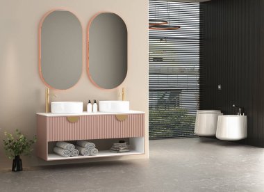 Aynalı modern banyo, lavabo ve duş. iç tasarım