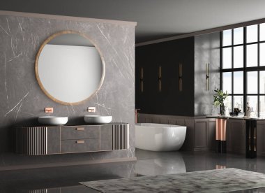 Modern banyo. Beyaz ve kahverengi duvarları, küveti ve aynası var. 3d oluşturma