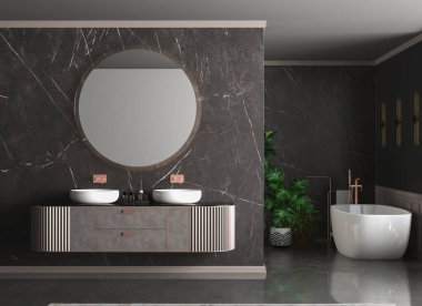 Gri duvarları ve beton zemini olan modern banyonun içi aynalı rahat lavabo, yuvarlak aynalı lavabo ve çift yansımalı ayna. 3 d