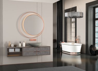 Küvetli banyo, çift lavabo, ayna, duş ve küvet, çift küvetli, modern iç tasarım