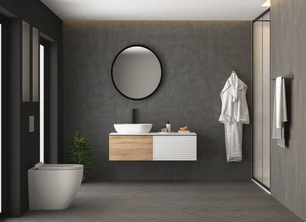 Ahşap duvarlı beyaz ve gri banyo, lavabo.