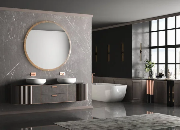 现代化的浴室内部 有白色和棕色的墙壁 浴缸和镜子 3D渲染 — 图库照片