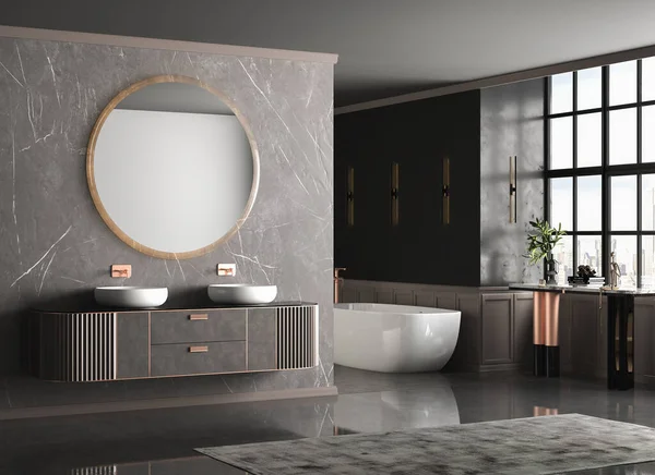 Modern banyo. Beyaz ve kahverengi duvarları, küveti ve aynası var. 3d oluşturma