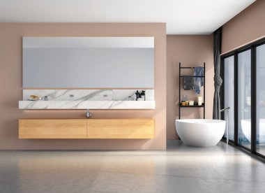 Modern banyo manzarası beyaz ve gri duvarlar, çift katlı ahşap döşeme küvetli ve aynalı lavabo. 3d oluşturma