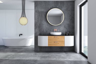 Beyaz küveti, ahşap lavabosu, iki lavabosu ve aynası olan gri bir banyo. Evet, yerde. 3D oluşturma taklidi