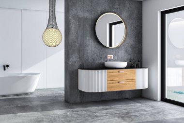 modern banyo içi gri lavabo ve ayna, lavabo ve küvet, 3 boyutlu.