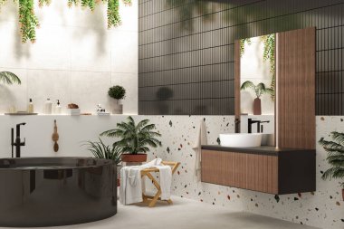 Küvet, lavabo, lavabo, lavabo ve lavabolu gri ahşap mutfak. Bir banyonun içinde. 3d oluşturma
