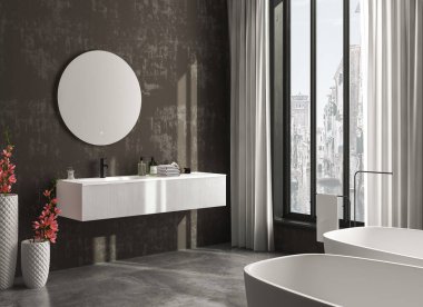Gri küvetli beyaz banyo, çift katlı, çift lavabo ve gri arka planda büyük ayna. 3d oluşturma