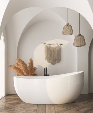 Beyaz banyo, ahşap zemin, beyaz yuvarlak duvarlı iki yuvarlak aynayla lavabo. 3d oluşturma