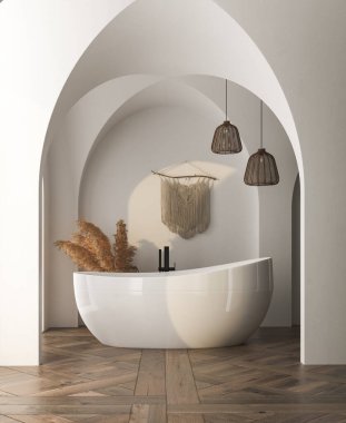 Küvetli modern banyo, 3 boyutlu.