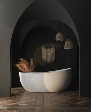 Küvet, lavabo, ayna, havlu ve mumlarla dolu modern banyo iç tasarımı, beton zemin. 3 Boyutlu Hazırlama