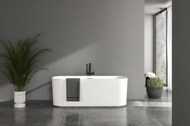 Beton zeminde, beton duvarın önünde beyaz küvetli minimalist banyo, iç tesisler, ön manzara. Banyo, uzay duvarını kopyala. 3B görüntüleme