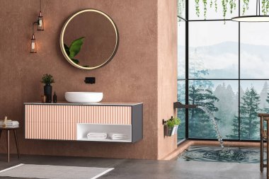 Modern minimalist banyo, turuncu duvar, iç tesisleri, havuzu, orman manzarası olan modern banyo dolabı. Yan görüş. 3B Hazırlama