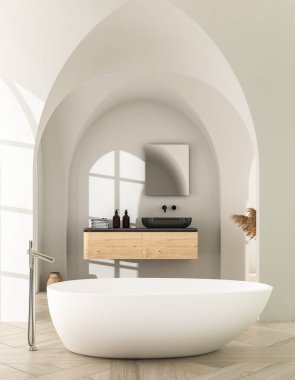 Modern yüzyılın ortalarında ve minimalist banyo iç mimarisi, beyaz dekor konsepti, modern beyaz banyo dolabı ve beton zeminde beyaz küvet. 3d oluşturma