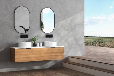 Beton duvarlı panoramik banyonun köşesi, parke zemin, yuvarlak aynalı çift lavabo. Bulanık manzara. 3d oluşturma