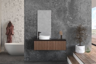 Beton duvarlı panoramik banyonun köşesi, parke zemin, kare aynalı beyaz lavabo, beyaz küvet. 3d oluşturma