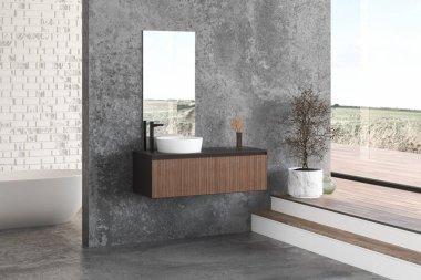 Beton duvarlı panoramik banyonun köşesi, parke zemin, kare aynalı beyaz lavabo, beyaz küvet. 3d oluşturma