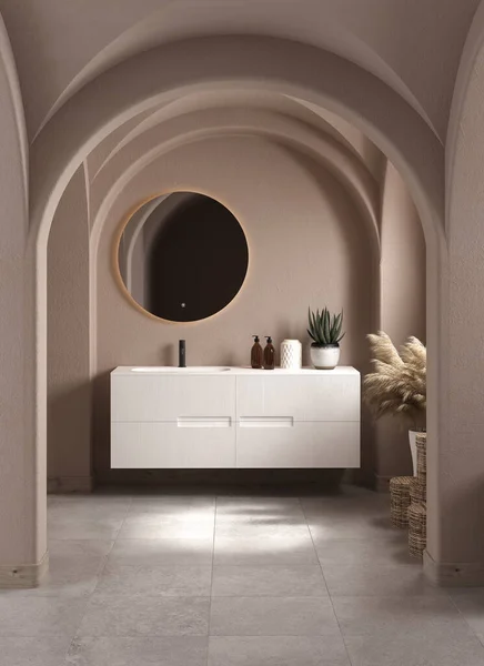 Boş Beyaz Banyo Ahşap Zemin Klasik Banyo Tasarımı Çift Lavabo — Stok fotoğraf