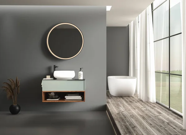 Beyaz banyo içi ahşap duvarla kaplı.