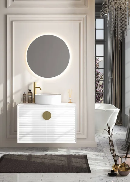 Moderno Bagno Bianco Con Una Grande Finestra Render — Foto Stock