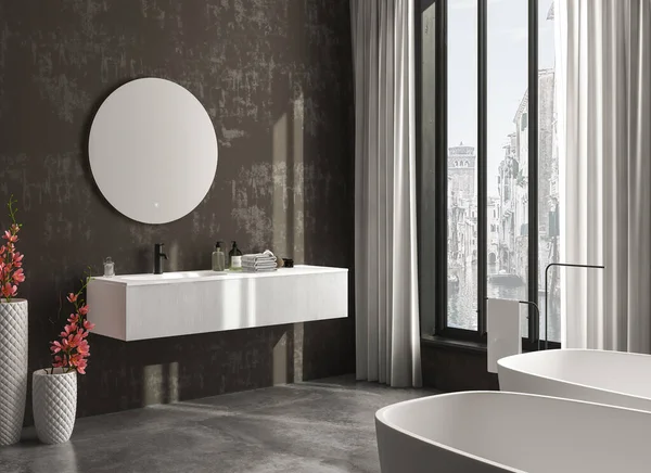 Bagno Bianco Con Vasca Grigia Doppia Doppia Doppio Lavabo Grande — Foto Stock