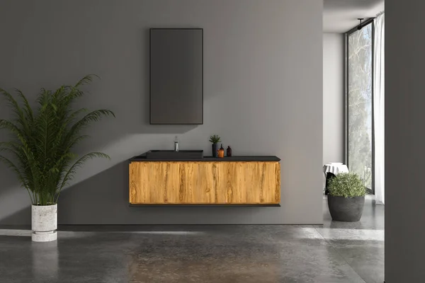 现代浴室的内部有灰色的墙壁 混凝土地面 室内工厂 黑色的水池站在木制台面和一个狭窄的镜子悬挂在上面 3D渲染 — 图库照片
