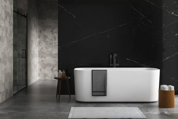风格时尚的浴室内部 白色浴缸在混凝土地板上 在大理石墙前面 洗衣房 复制空间墙 3D渲染 — 图库照片