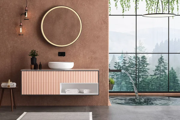 Modern minimalist bathroom interior, orange wall, modern bathroom cabinet with interior plants, pool, forest view. Side view. 3D Render