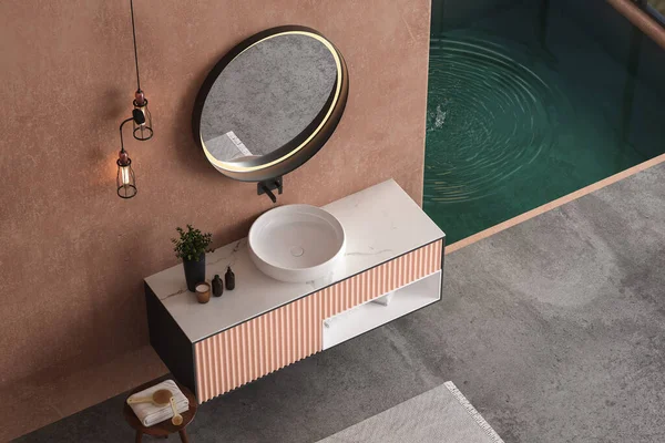 俯瞰现代简约浴室内部 橙色墙壁 现代浴室橱柜与室内植物 游泳池 3D渲染 — 图库照片