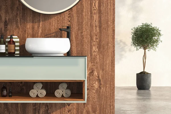 Close White Sink Standing Wooden Set Drawers Minimalist Bathroom Rendering — ストック写真