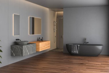 Siyah parke zemin, siyah banyo küveti, siyah tuvalet ve kare aynalar, duş, yan görüş. Modern mobilyalı minimalist siyah banyo. 3d oluşturma