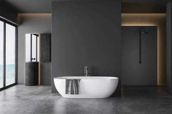 Dark Grey Bathroom White Bathtub Two Sinks Square Mirrors Shower — 스톡 사진