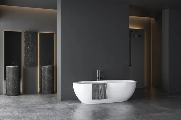 Dark Grey Bathroom White Bathtub Two Sinks Square Mirrors Shower —  Fotos de Stock