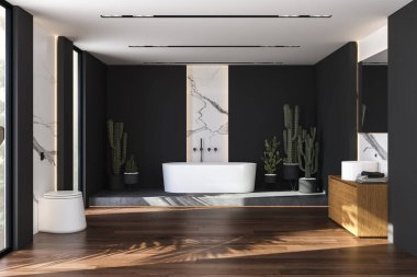 Siyah ve mermer banyo iç kısmı beton bir platformun üzerinde duran beyaz bir küvet. Parke, kaktüs ve modern mobilyalı minimalist banyo. 3d oluşturma