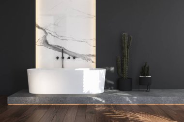 Siyah ve mermer zeminli beton bir platformda duran beyaz bir küvet. Parke, kaktüs ve modern mobilyalı minimalist banyo. 3d oluşturma