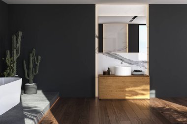Beyaz küvetli siyah banyo ve kare aynalı lavabo. Parke, kaktüs ve modern mobilyalı minimalist banyo. 3d oluşturma