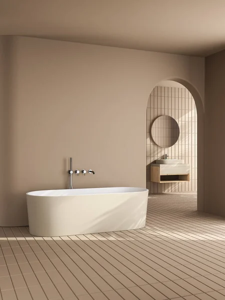 Interno Bagno Minimalista Beige Con Raggi Solari Armadio Specchio Ovale — Foto Stock