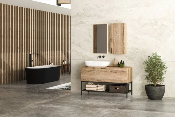 Bright bathroom interior with concrete floor, two black bathtubs and a white sink, interior pool, plant, marble wall, side view. Minimalist bathroom with modern furniture and city view. 3 D rendering