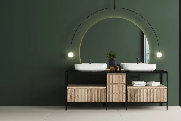 Modern minimalist bathroom interior with dark green wall, luxury bathroom cabinet with double sink, interior plants, pool, marble counter top, forest view from window. Cozy bathroom design. 3 D Render