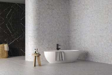 Beautiful white bathtub with black faucet standing on tiles in modern bathroom. 3d Rendering