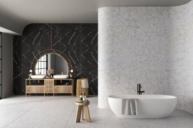 Modern minimalist bathroom interior with marble wall, luxury bathroom cabinet with double sink, white bathtub, marble countertop, nature view from window. Cozy bathroom design. 3D Render