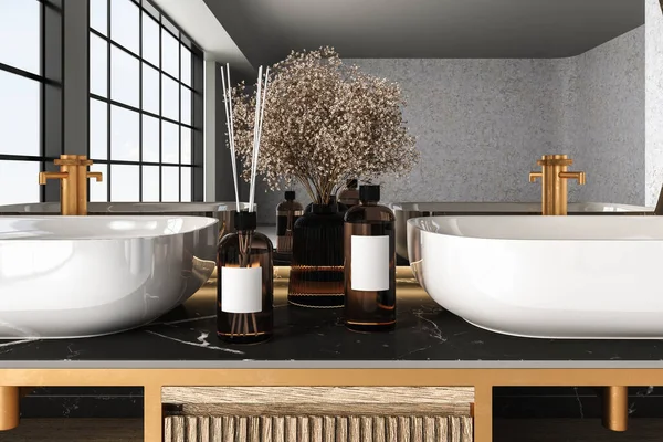 Close up of double sink with oval mirror hanging on black marble wall, empty rack, modern cabinet with gold faucet in minimalist bathroom.Luxury vanity set. Mock up, copy space. 3d rendering