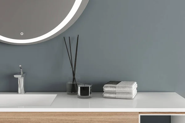 Närbild Vit Handfat Med Oval Spegel Hängande Blå Vägg Modernt — Stockfoto