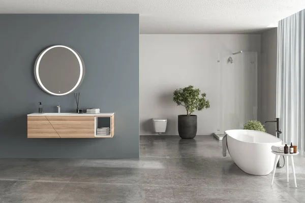 Mavi arka planlı modern banyo, beton döşeme, beyaz küvet, duş ve lavabo, yan görüş. Modern mobilyalı minimalist banyo. 3B görüntüleme