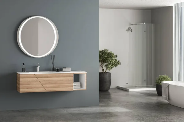 Interior Moderno Baño Con Fondo Azul Suelos Hormigón Bañera Blanca — Foto de Stock