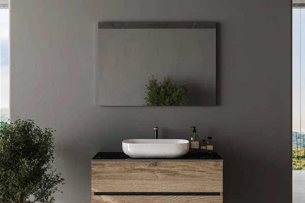 Cierre Muebles Baño Con Lavabo Blanco Accesorios Pared Gris Espejo —  Fotos de Stock